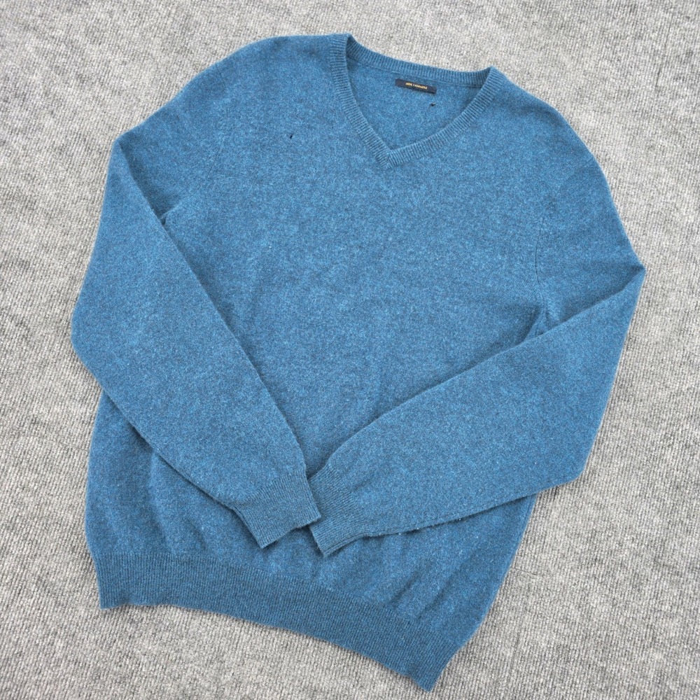 100% Cashmere V-Neck Sweater Blue Heathered Long Sleeve Pullover Mens XL